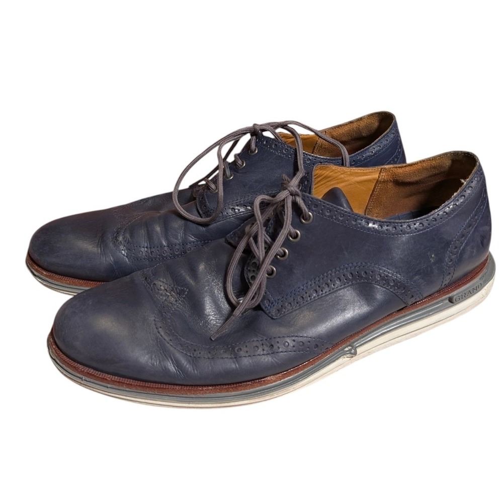 Cole Haan Original Grand Wingtip Oxford Navy Blue Leather Mens Dress Shoes